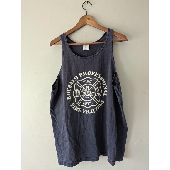 Vintage 90s Buffalo Fire Fighters Tank Top: Navy Blue Muscle Shirt, Large - Picture 1 of 4